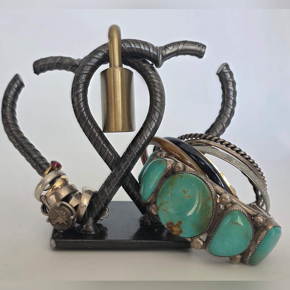 Handmade US Solid Steel Jewelry Stand Southwest Gas Brass Locked Double Hearts